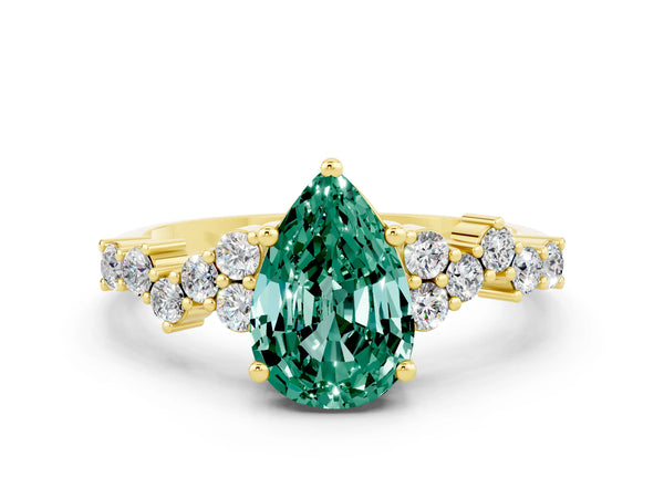 Yellow gold Pear Cut Green Sapphire Scattered Round Accent Ring with Prong Setting