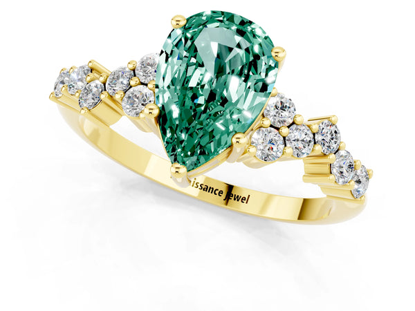 Yellow gold Pear Cut Green Sapphire Scattered Round Accent Ring with Prong Setting