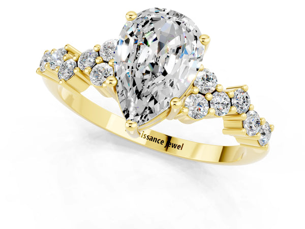 Yellow gold Pear Cut Moissanite Scattered Round Accent Ring with Prong Setting