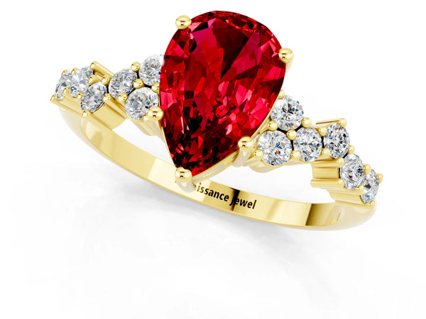 Yellow gold Pear Cut Ruby Scattered Round Accent Ring with Prong Setting