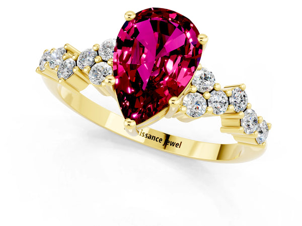Yellow gold Pear Cut Garnet Scattered Round Accent Ring with Prong Setting