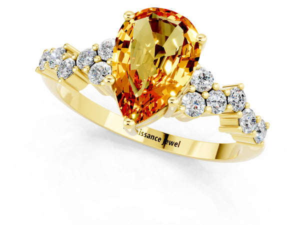 Yellow gold Pear Cut Citrine Scattered Round Accent Ring with Prong Setting