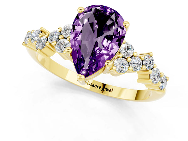 Yellow gold Pear Cut Amethyst Scattered Round Accent Ring with Prong Setting