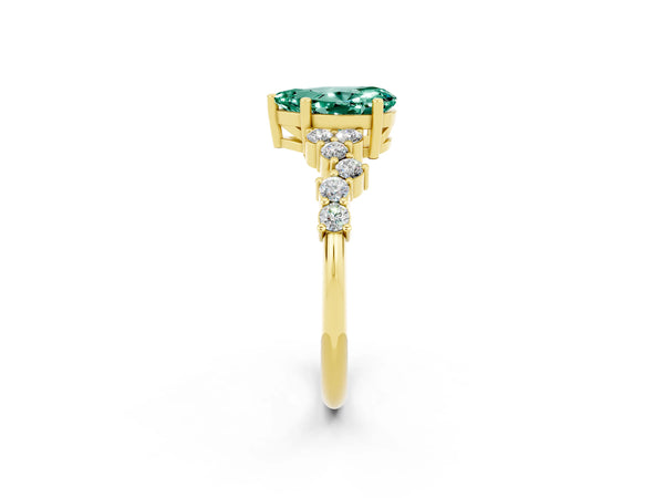 Yellow gold Pear Cut Green Sapphire Scattered Round Accent Ring with Prong Setting
