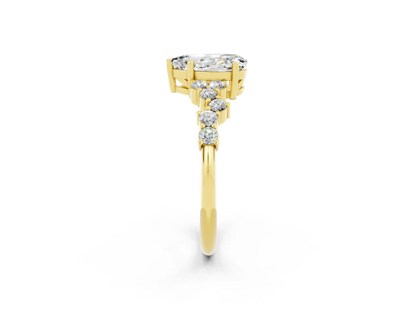 Yellow gold Pear Cut Moissanite Scattered Round Accent Ring with Prong Setting