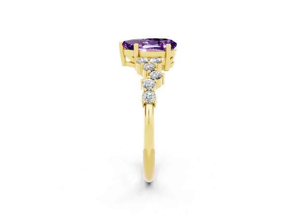 Yellow gold Pear Cut Amethyst Scattered Round Accent Ring with Prong Setting