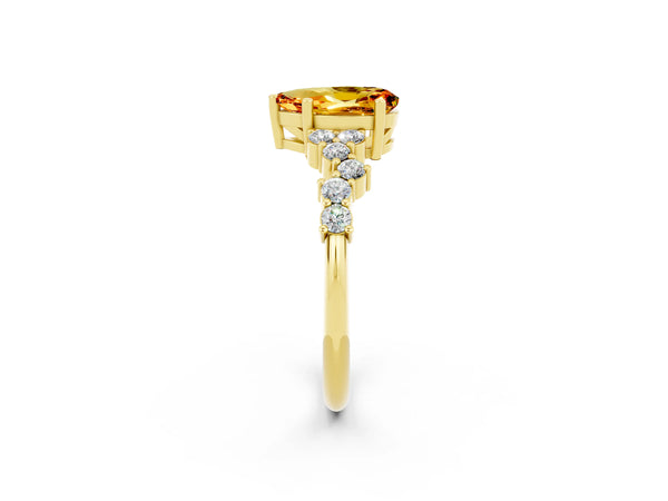 Yellow gold Pear Cut Citrine Scattered Round Accent Ring with Prong Setting
