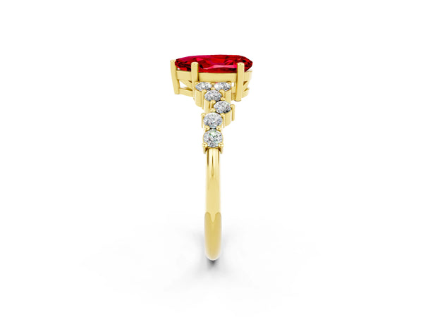 Yellow gold Pear Cut Ruby Scattered Round Accent Ring with Prong Setting
