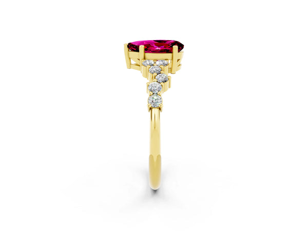 Yellow gold Pear Cut Garnet Scattered Round Accent Ring with Prong Setting