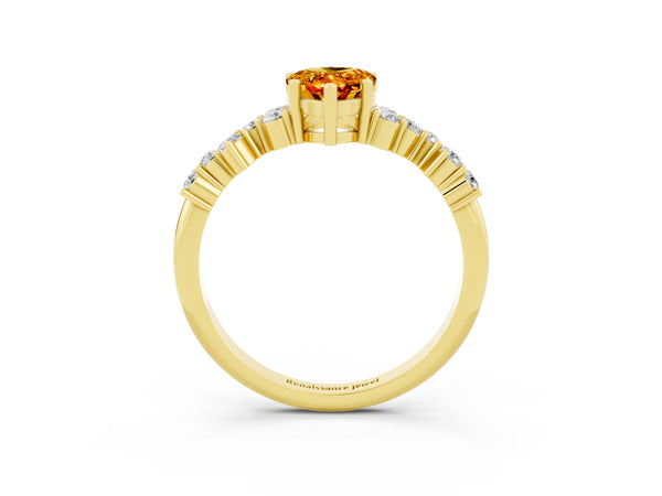 Yellow gold Pear Cut Citrine Scattered Round Accent Ring with Prong Setting
