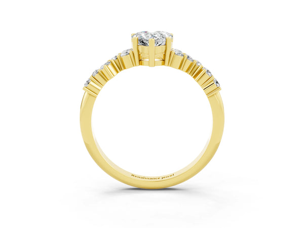 Yellow gold Pear Cut Moissanite Scattered Round Accent Ring with Prong Setting