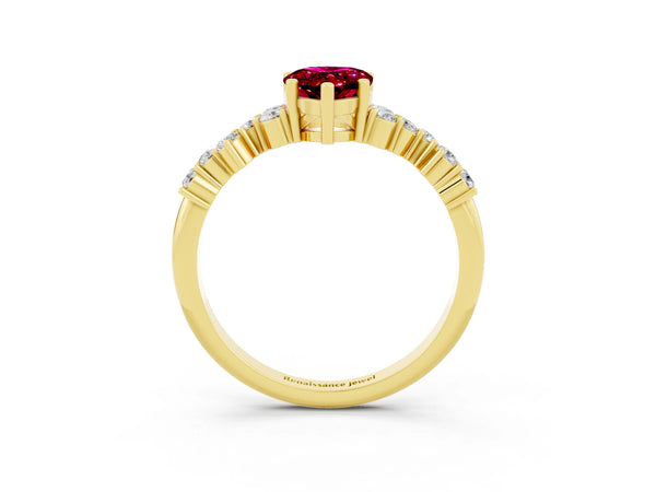 Yellow gold Pear Cut Garnet Scattered Round Accent Ring with Prong Setting