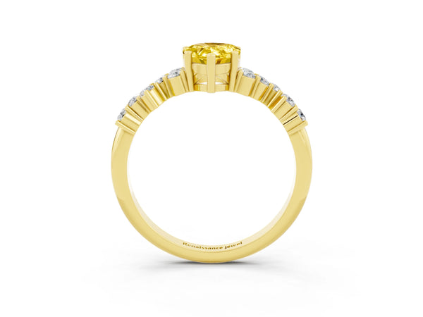 Yellow gold Pear Cut Yellow Sapphire Scattered Round Accent Ring with Prong Setting