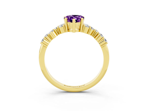 Yellow gold Pear Cut Amethyst Scattered Round Accent Ring with Prong Setting
