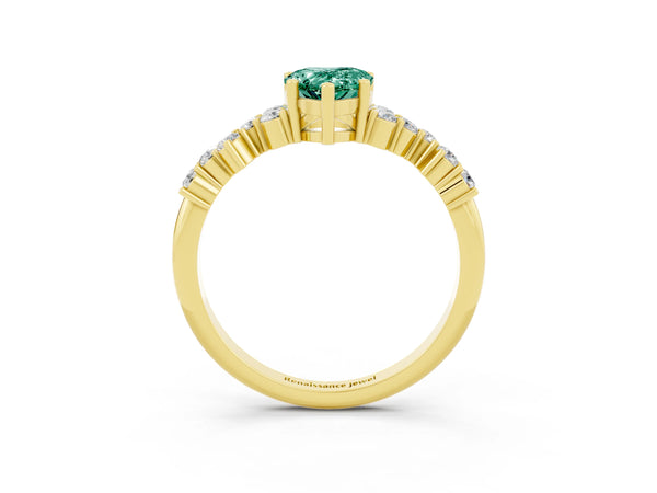 Yellow gold Pear Cut Green Sapphire Scattered Round Accent Ring with Prong Setting