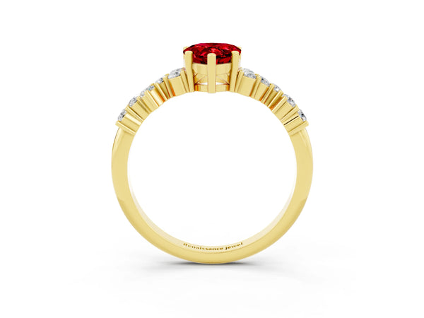 Yellow gold Pear Cut Ruby Scattered Round Accent Ring with Prong Setting