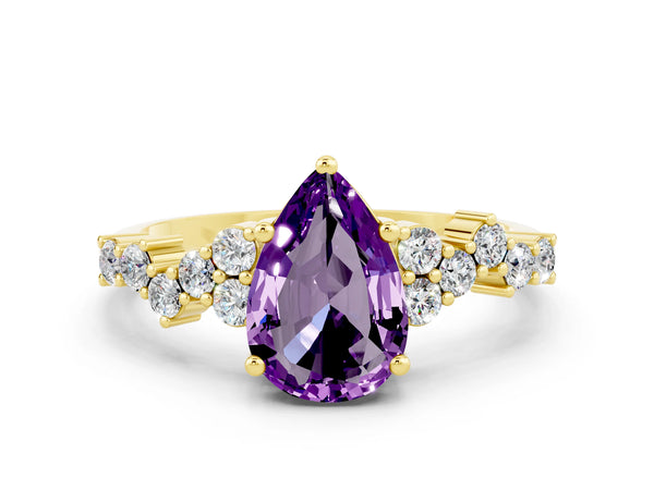 Yellow gold Pear Cut Amethyst Scattered Round Accent Ring with Prong Setting