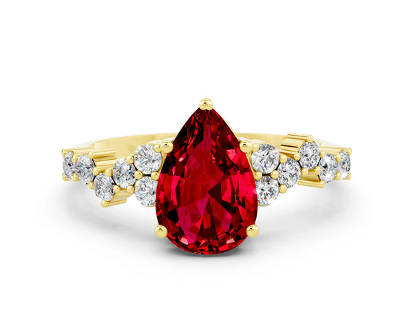 Yellow gold Pear Cut Ruby Scattered Round Accent Ring with Prong Setting