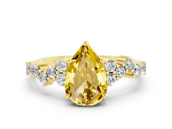 Yellow gold Pear Cut Yellow Sapphire Scattered Round Accent Ring with Prong Setting