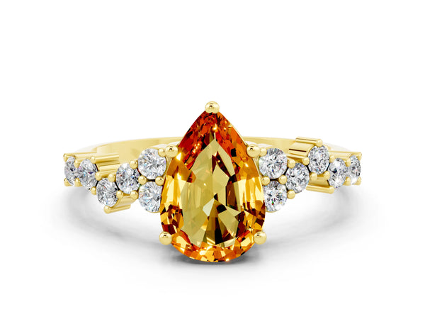 Yellow gold Pear Cut Citrine Scattered Round Accent Ring with Prong Setting