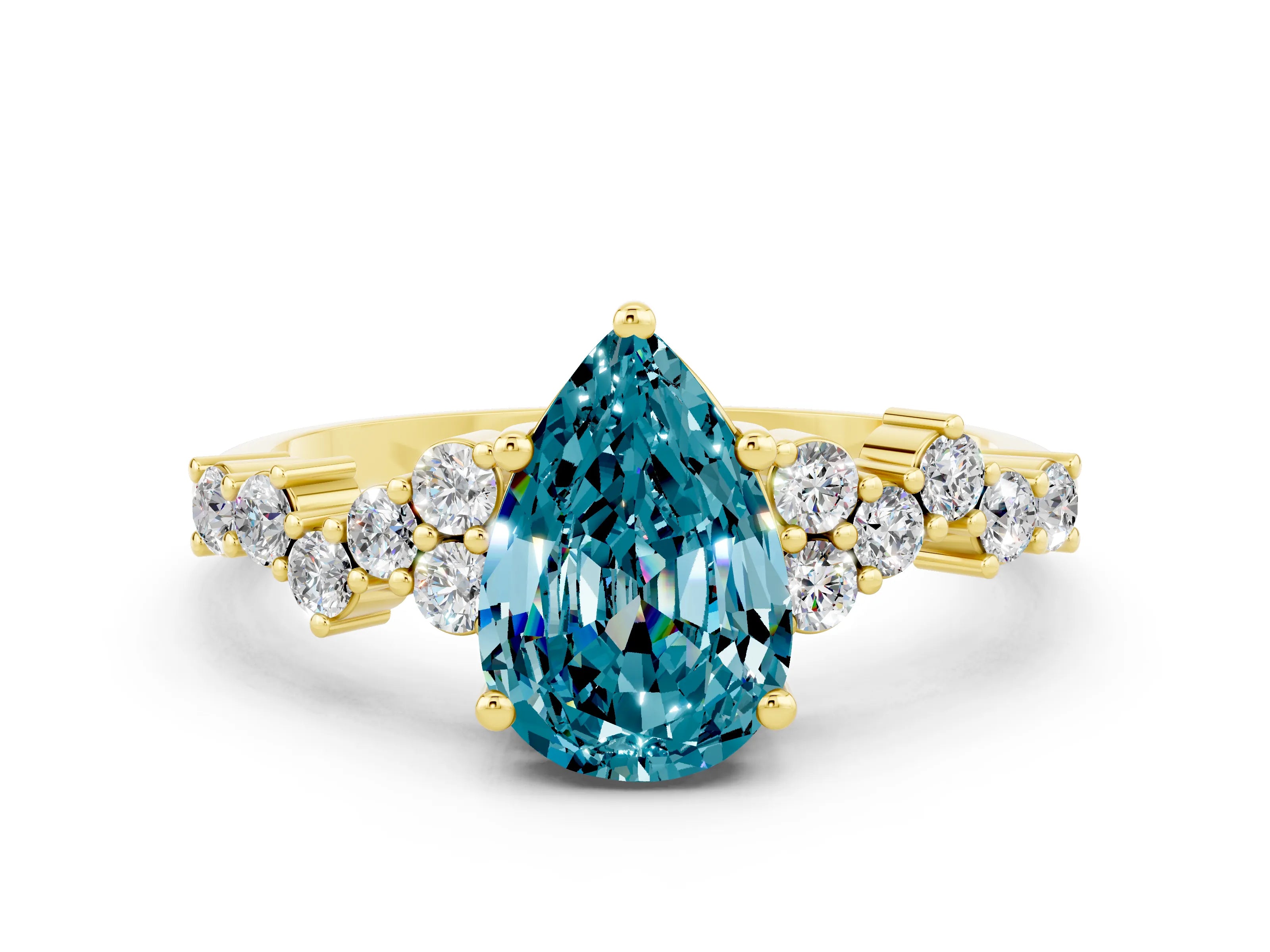 Yellow gold Pear Cut Diamond Cluster Pavé Band with Four-Prong Setting