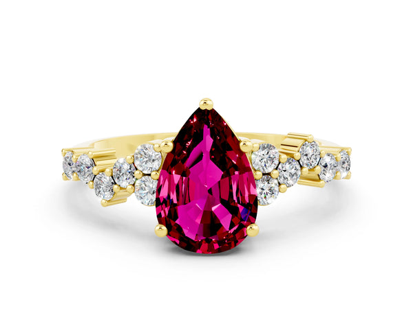 Yellow gold Pear Cut Garnet Scattered Round Accent Ring with Prong Setting