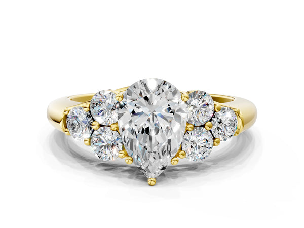 Yellow gold Pear Cut Diamond Cluster Ring with Round Accent Stones and Prong Setting on a Classic Band