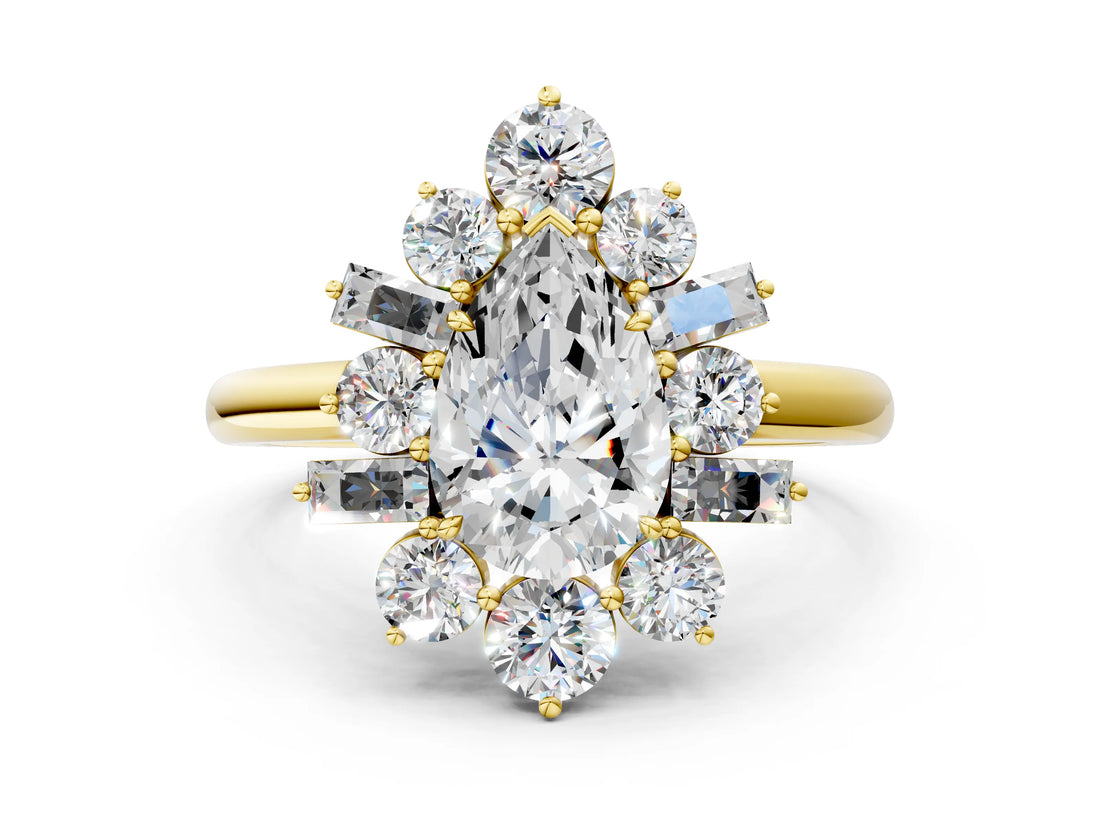 Yellow gold Pear Cut Diamond Cluster Ring with Round and Baguette Stones, Split Shank Band, Prong Setting_15