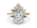 Yellow gold Pear Cut Diamond Cluster Ring with Round and Baguette Stones, Split Shank Band, Prong Setting_15