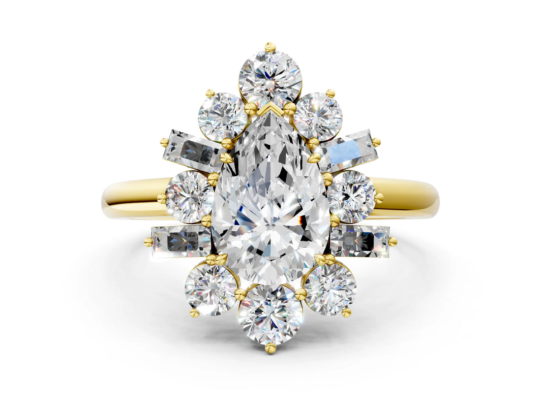 Yellow gold Pear Cut Diamond Cluster Ring with Round and Baguette Stones, Split Shank Band, Prong Setting_3