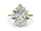 Yellow gold Pear Cut Diamond Cluster Ring with Round and Baguette Stones, Split Shank Band, Prong Setting_3