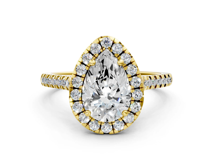 Yellow gold Pear Cut Diamond Cushion Halo Ring with Pavé Band