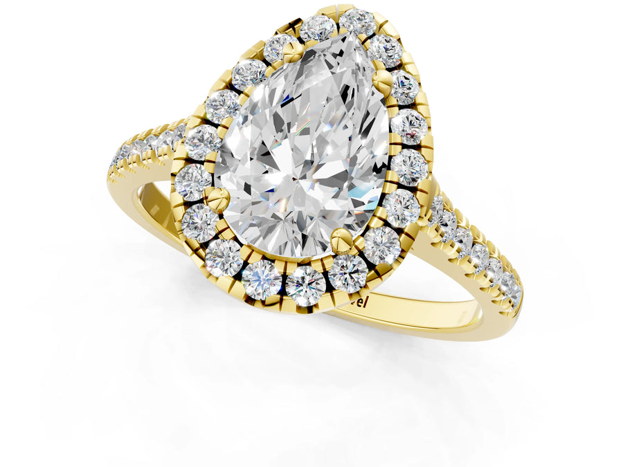 Yellow gold Pear Cut Diamond Cushion Halo Ring with Pavé Band