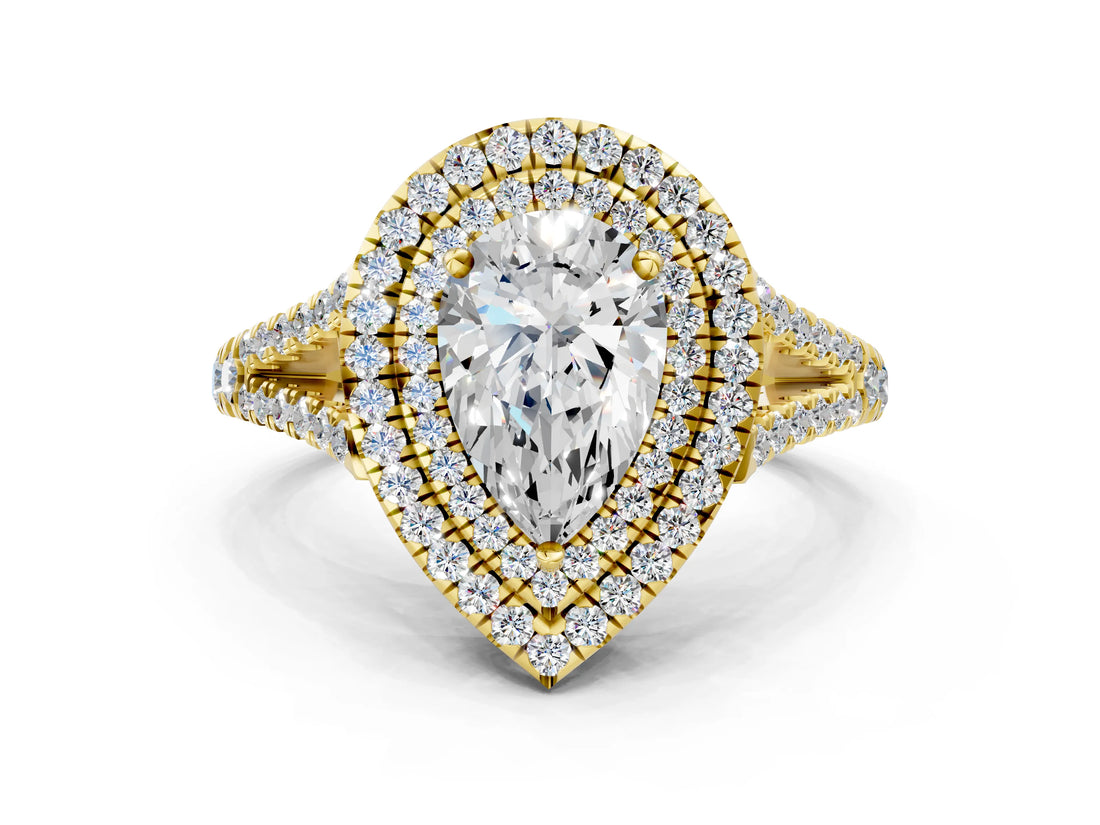 Yellow gold Pear Cut Diamond Double Halo Ring with Pavé Band and Prong Setting_100