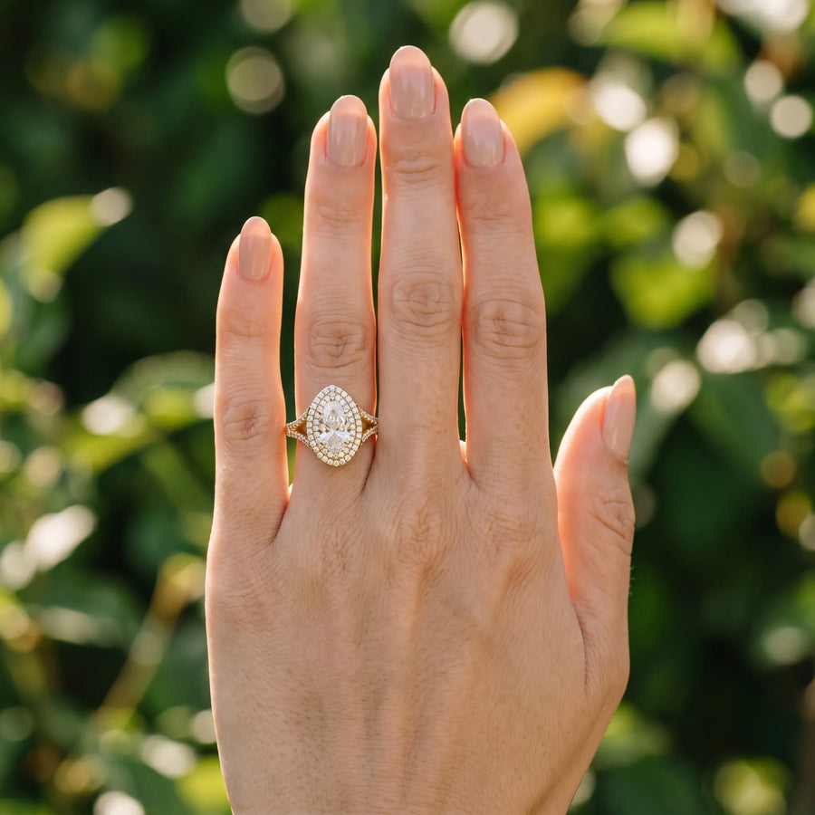 Yellow gold Pear Cut Diamond Double Halo Ring with Split Shank and Prong Setting