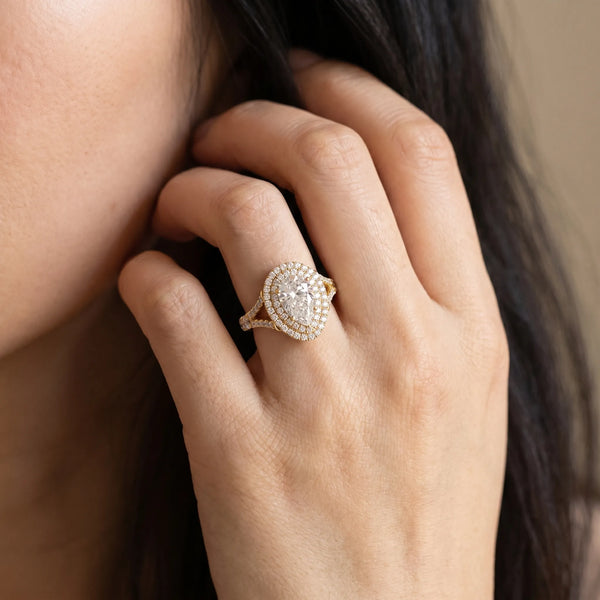 Yellow gold Pear Cut Diamond Double Halo Ring with Split Shank and Prong Setting