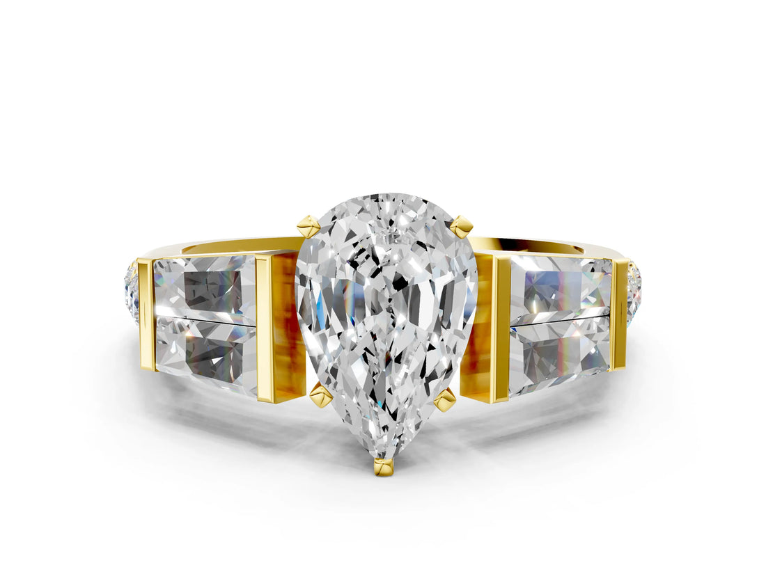 Yellow gold Pear Cut Diamond Engagement Ring with Baguette Side Stones and Channel Set Band_42