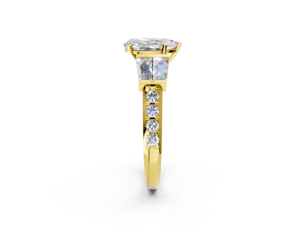 Yellow Gold Pear-Shaped Engagement Ring Setting with Channel Set Baguettes and Accented Band