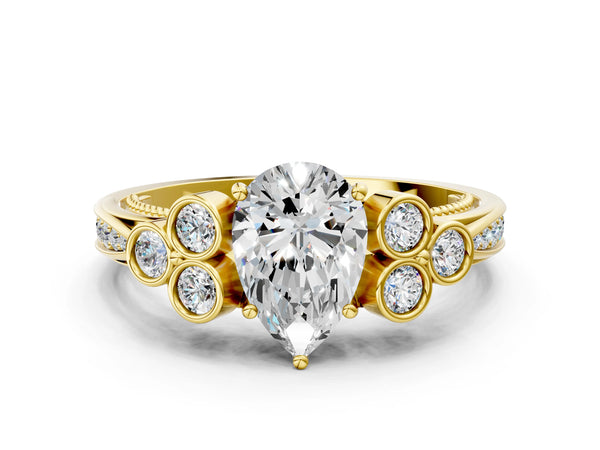 Yellow gold Pear Cut Diamond Engagement Ring with Bezel Set Round Side Stones and Prong Setting