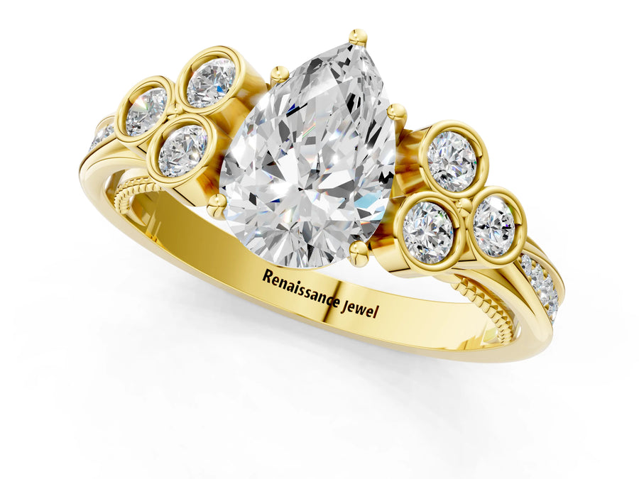 Yellow gold Pear Cut Diamond Engagement Ring with Bezel Set Round Side Stones and Prong Setting
