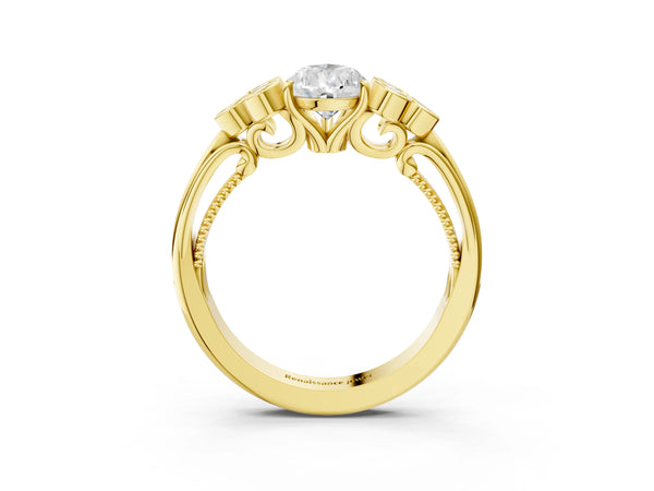 Yellow gold Pear Cut Diamond Engagement Ring with Bezel Set Round Side Stones and Prong Setting