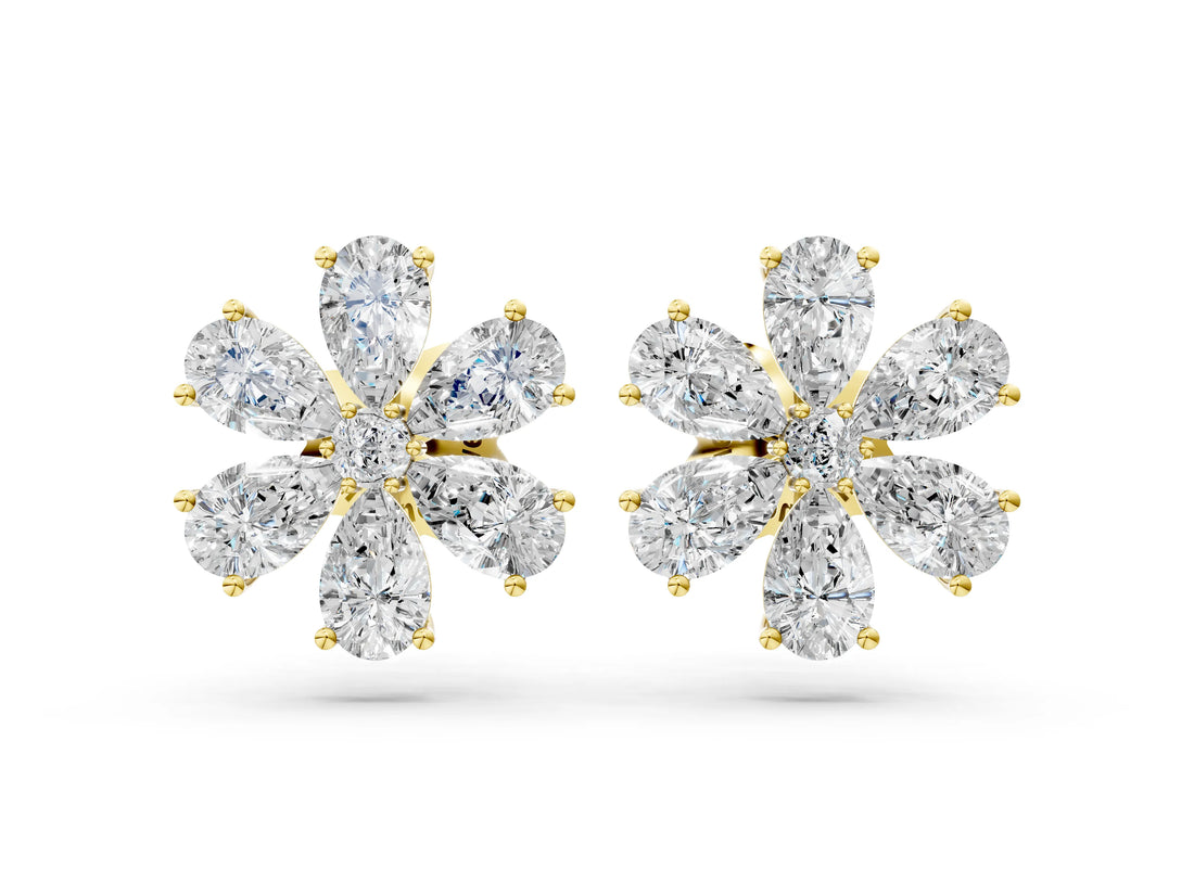 Yellow gold Pear Cut Diamond Floral Cluster Stud Earrings_14