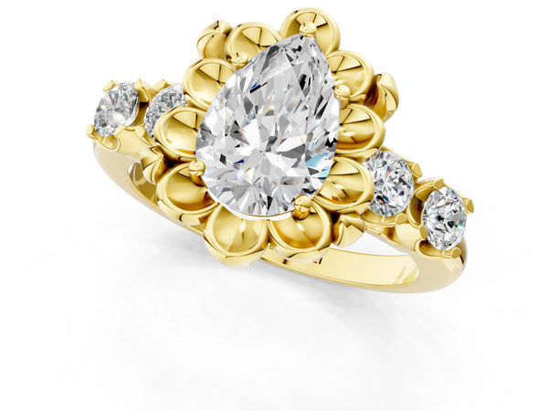 Yellow gold Pear Cut Diamond Floral Halo Engagement Ring with Shared Prong Setting