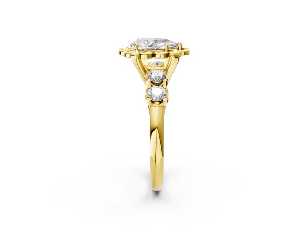 Yellow gold Pear Cut Diamond Floral Halo Engagement Ring with Shared Prong Setting
