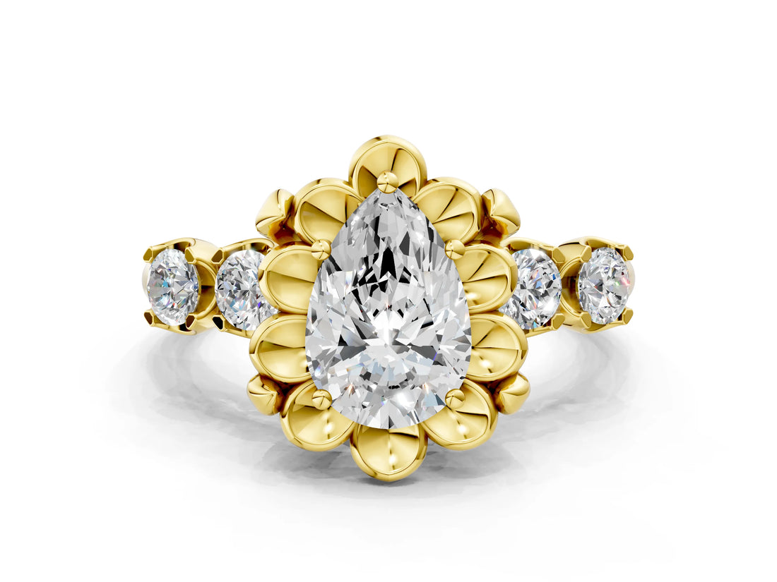 Yellow gold Pear Cut Diamond Floral Halo Engagement Ring with Shared Prong Setting