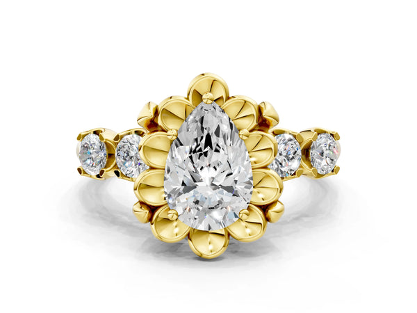Yellow gold Pear Cut Diamond Floral Halo Engagement Ring with Shared Prong Setting