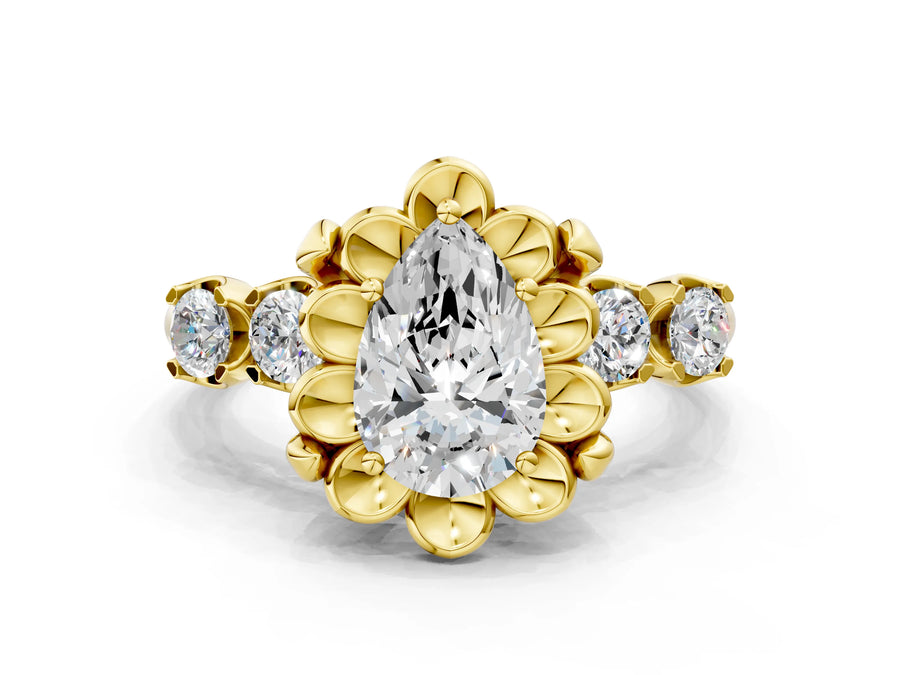Yellow gold Pear Cut Diamond Floral Halo Engagement Ring with Shared Prong Setting