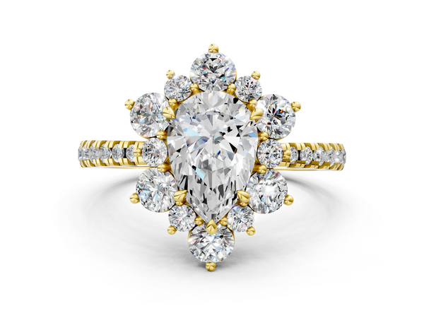 Yellow gold Pear Cut Diamond Floral Halo Pave Band with Prong Setting