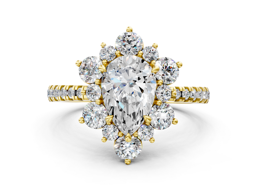 Yellow gold Pear Cut Diamond Floral Halo Pave Band with Prong Setting