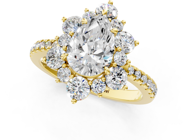Yellow gold Pear Cut Diamond Floral Halo Pave Band with Prong Setting